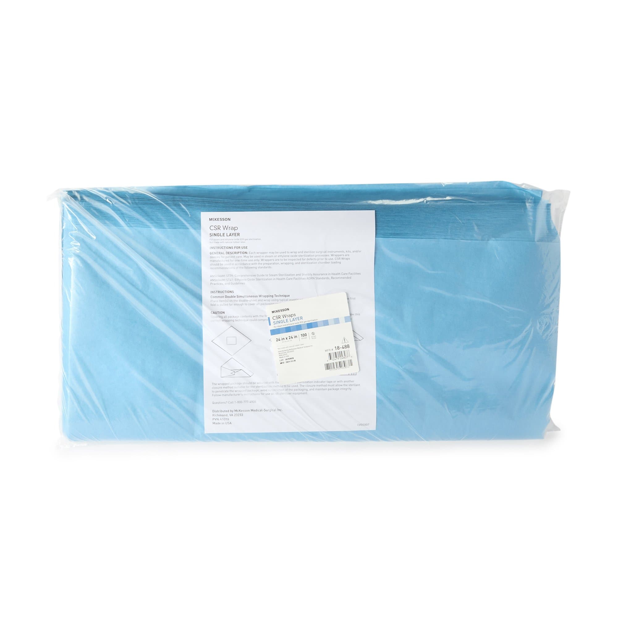 McKesson Sterilization Wrap Blue 24 x 24 Inch Single Layer Cellulose Steam / EO Gas 100/Box