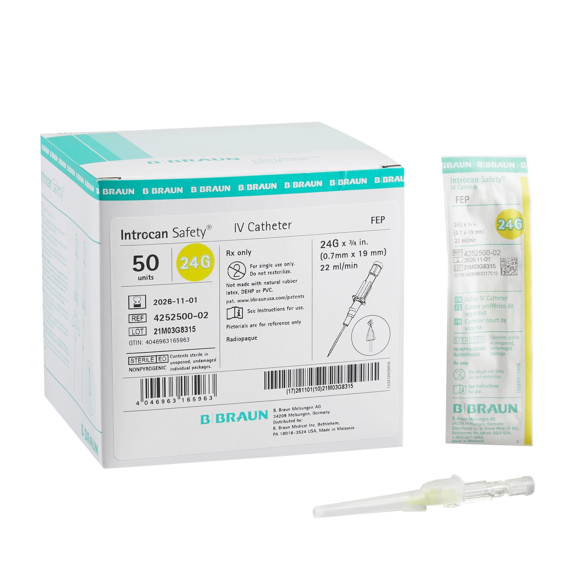 Introcan Safety® IV Catheter 22 Gauge 1 Inch FEP Polymer Blue 50/Box