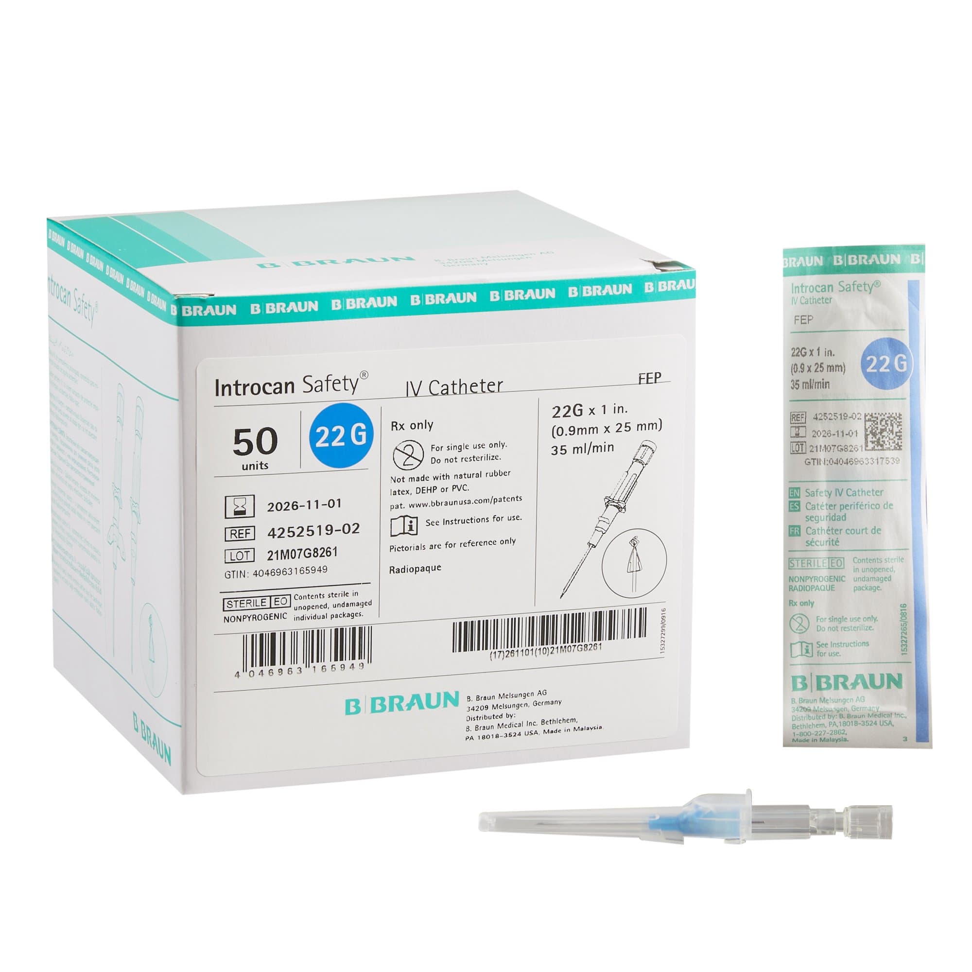 Introcan Safety® IV Catheter 22 Gauge 1 Inch FEP Polymer Blue 50/Box