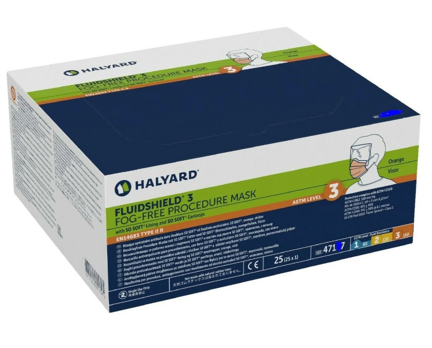 Halyard* Level 3 Earloop Mask, Fluid Shield 25/Box