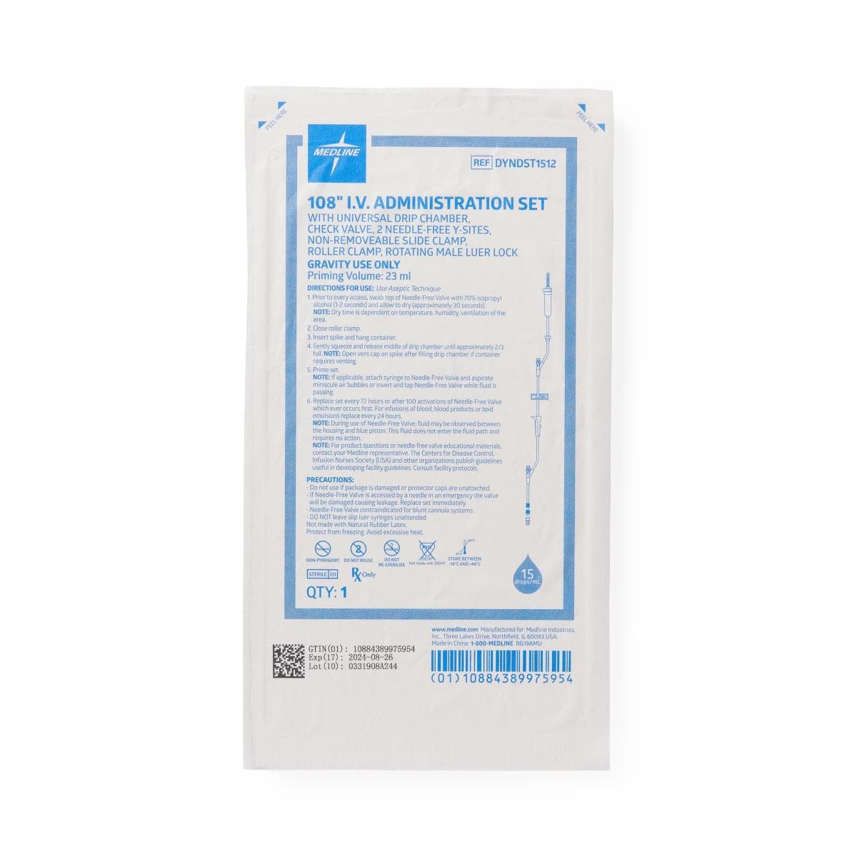 Medline IV Administration Set, 108" 15 Drops/mL, 2 Needle-Free Ports  50/Case